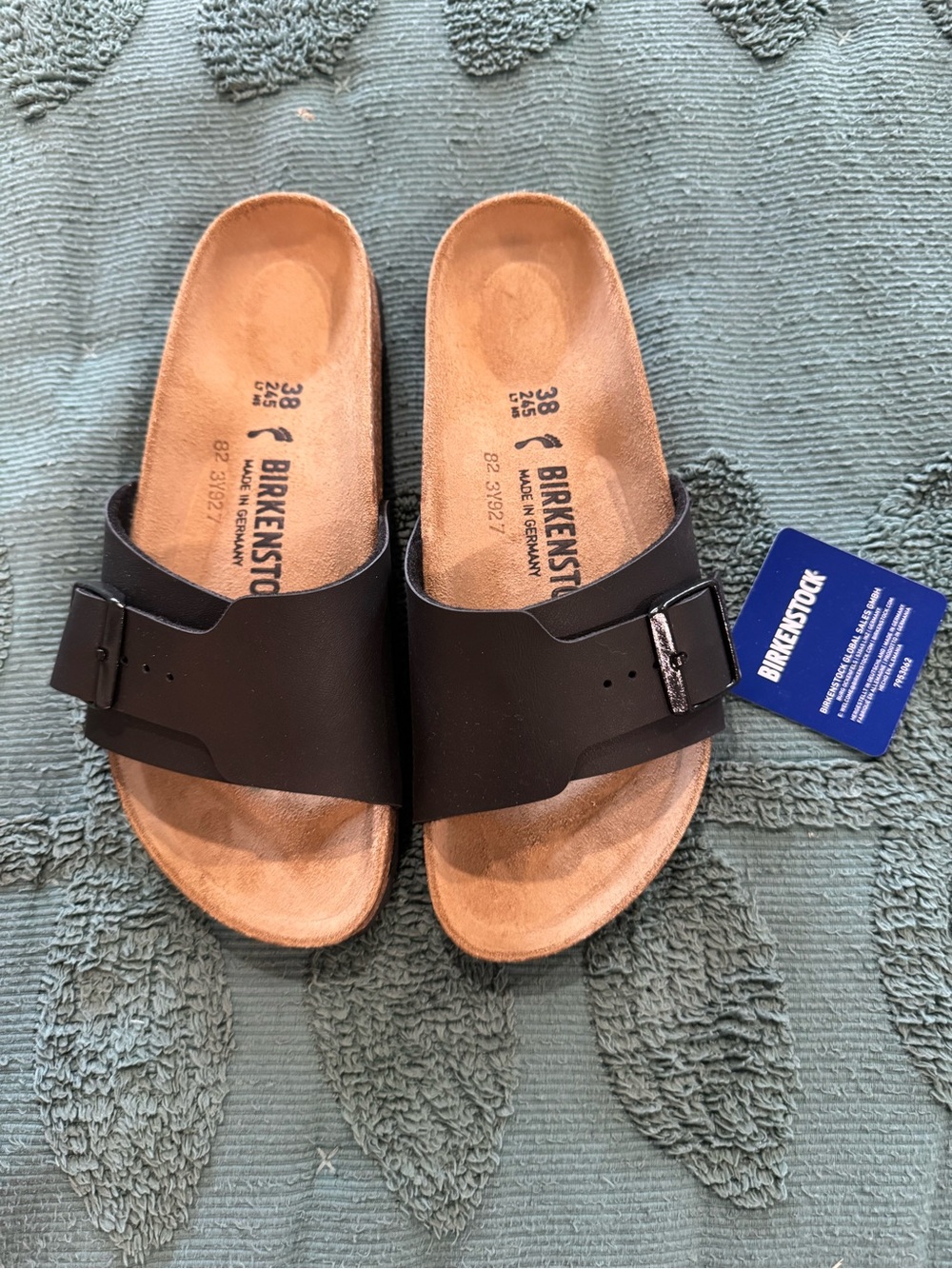 Birkenstock Single Strap Slide Sandals - Black/Tan Footbed
